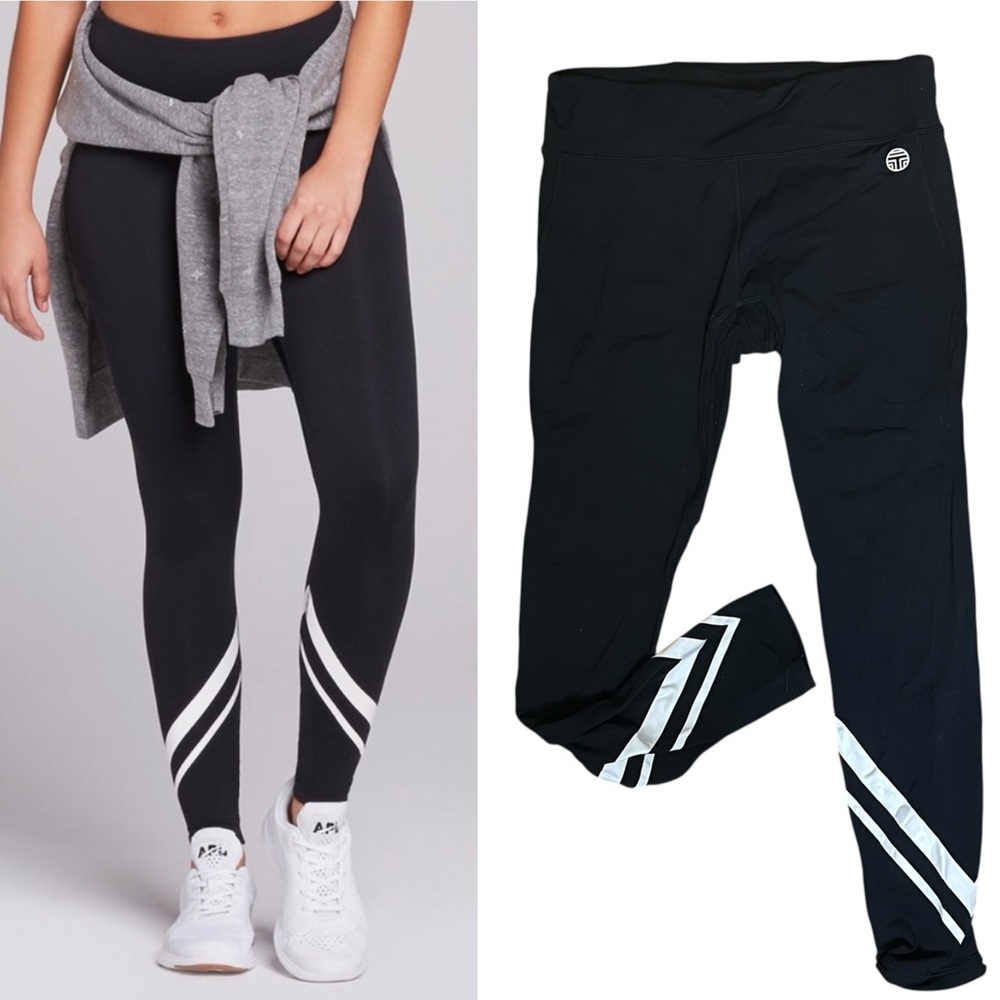 Tory Sport Black Weightless Leggings White Chevron Stripes L Waist Pocket